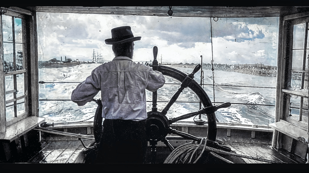 Mark Twain expertly steering a steamboat in 1857, embodying skill and confidence on the river. Budhiraja Official Podcast
