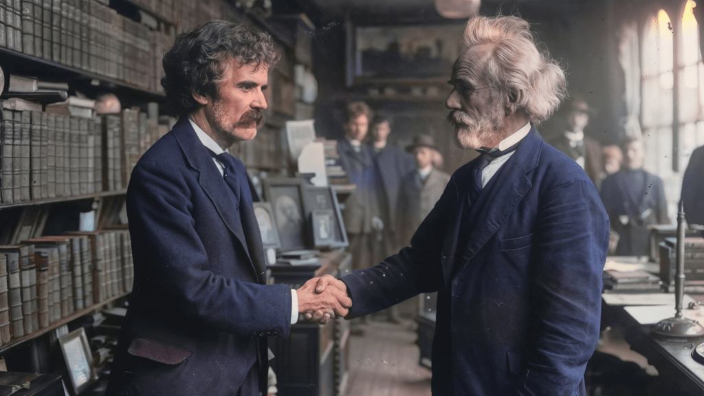 Mark Twain at the start of his authorial journey, shaking hands with his publisher, symbolizing new beginnings. Budhiraja Official Podcast