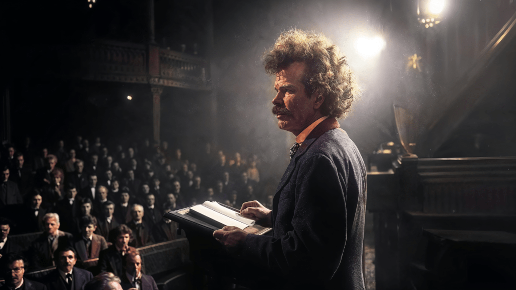 Young Mark Twain delivering a spirited speech, captivating the audience with his wit and charisma. Budhiraja Official Podcast
