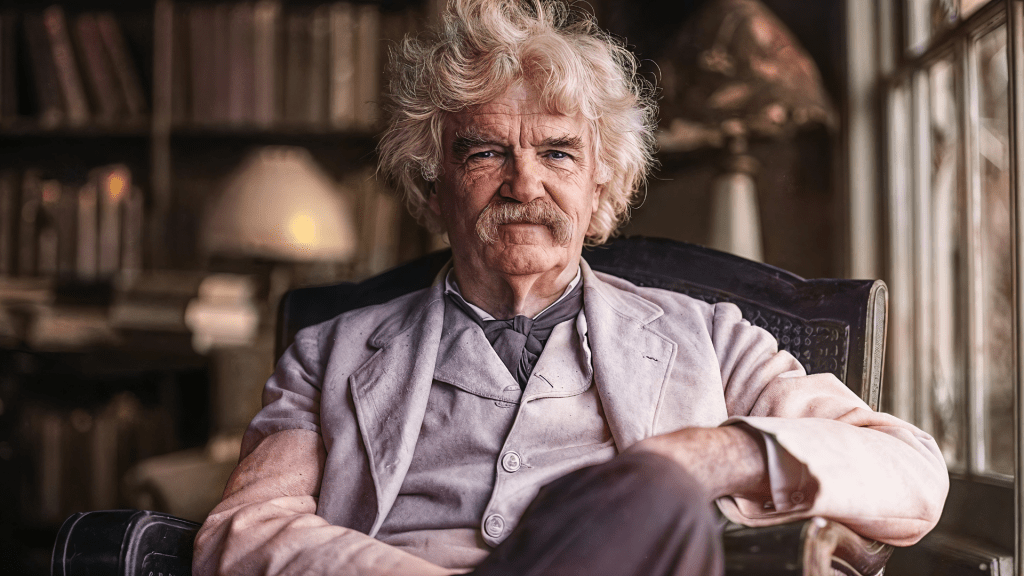 A portrait of old Mark Twain sitting calmly, his warm smile reflecting wisdom and a life of storytelling. Budhiraja Official Podcast