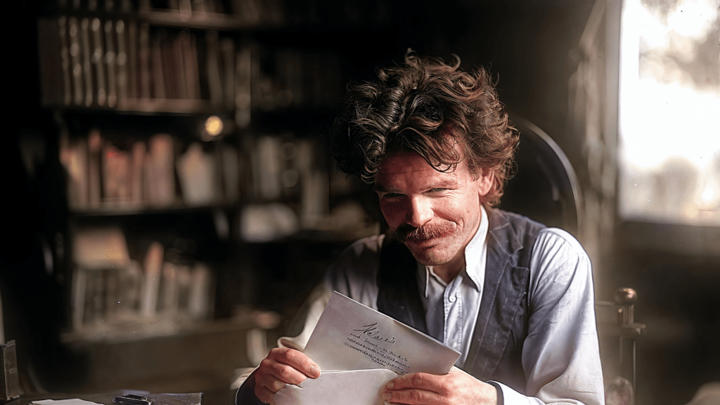 Mark Twain reading fans' letters, his face alight with amusement and appreciation for their words. Budhiraja Official Podcast