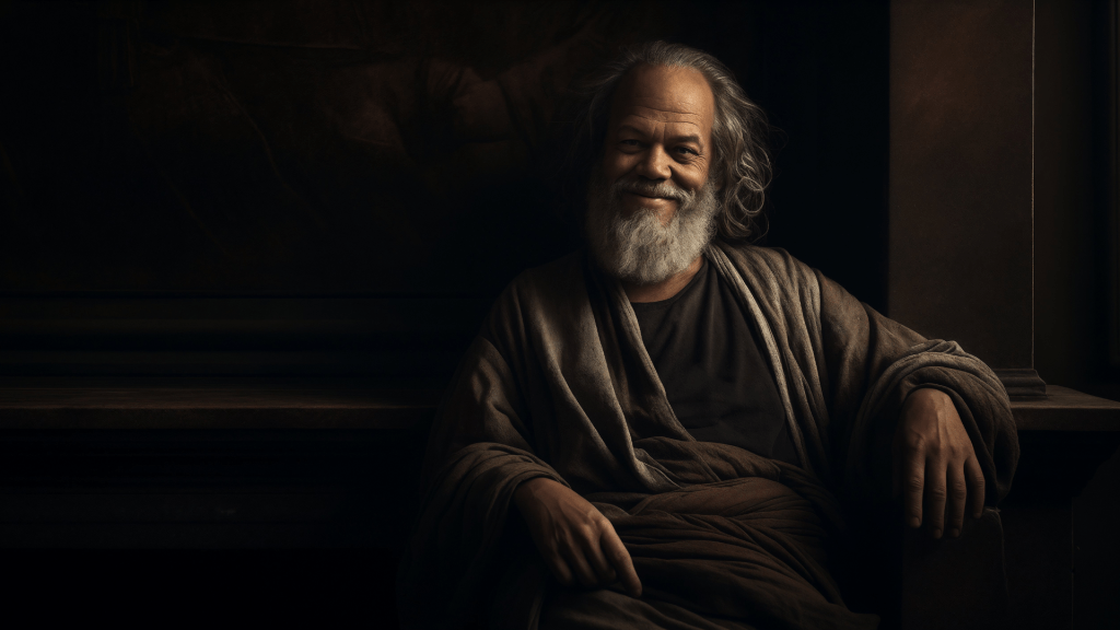 A high-definition, hyper-realistic photo of Socrates with serene smiling expressions before his trial. Budhiraja Official Podcast