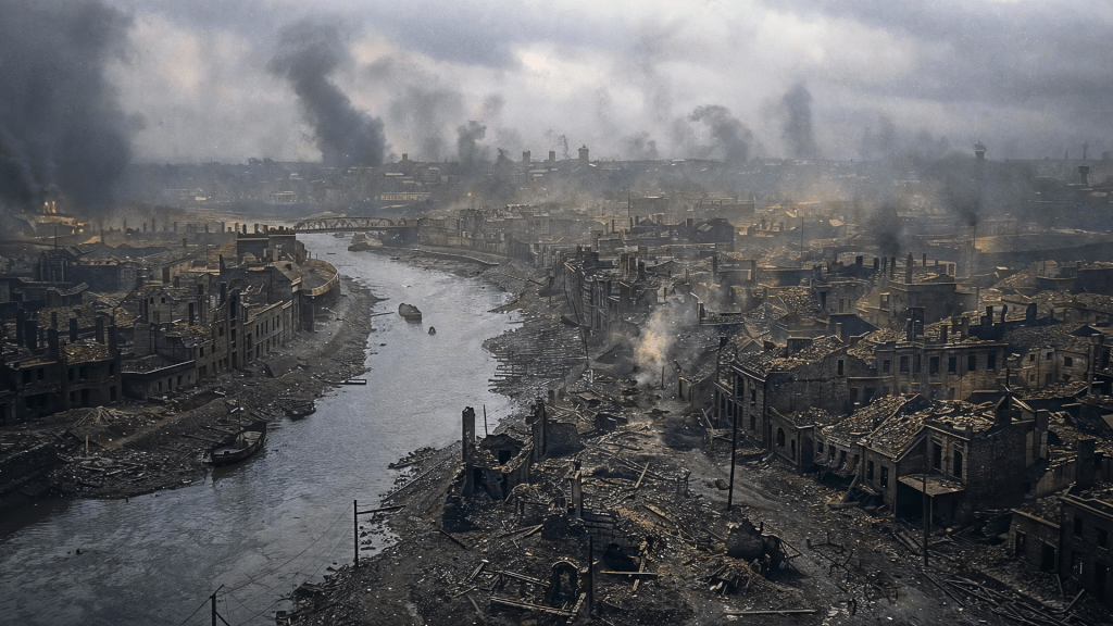 A hyper-realistic cityscape scene of post-war devastation, with ruined landscapes and haunting silence. Budhiraja Official Podcast