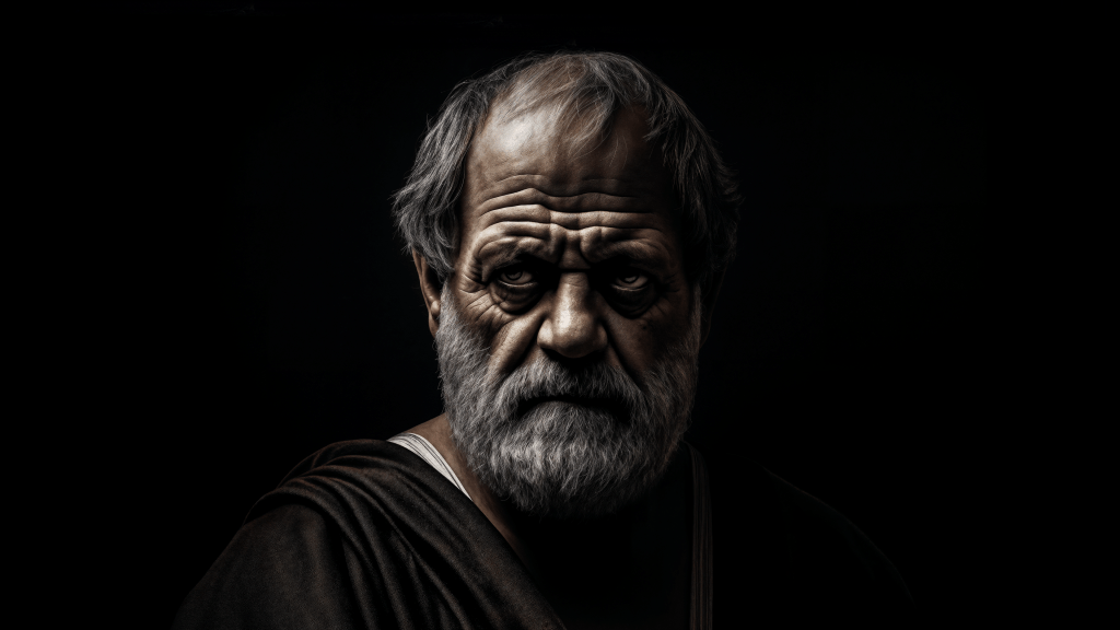 A hyper-realistic portrait of Aristotle, showcasing his thoughtful gaze and intellectual depth. Budhiraja Official Podcast