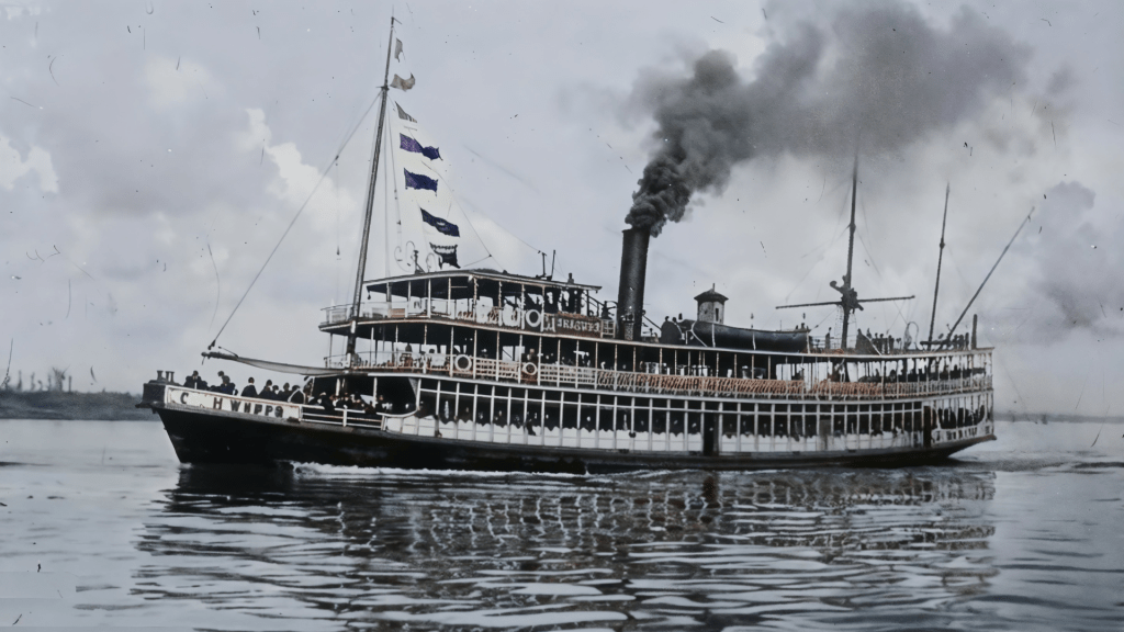 A majestic steamboat cruising along a wide river in 1857, exuding timeless charm. Budhiraja Official Podcast