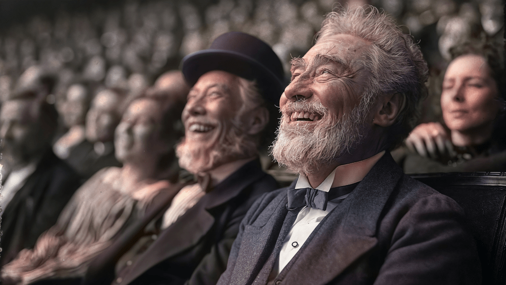 An audience listens intently to Mark Twain, captivated by his wit and compelling storytelling. Budhiraja Official Podcast