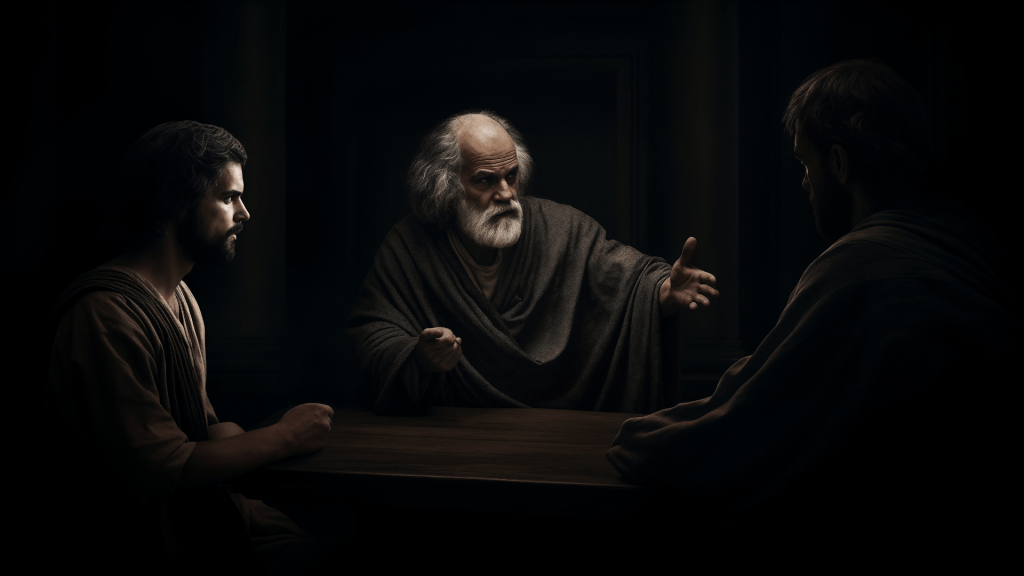 A hyper-realistic photo of Socrates debating passionately with attentive youngsters. Budhiraja Official Podcast