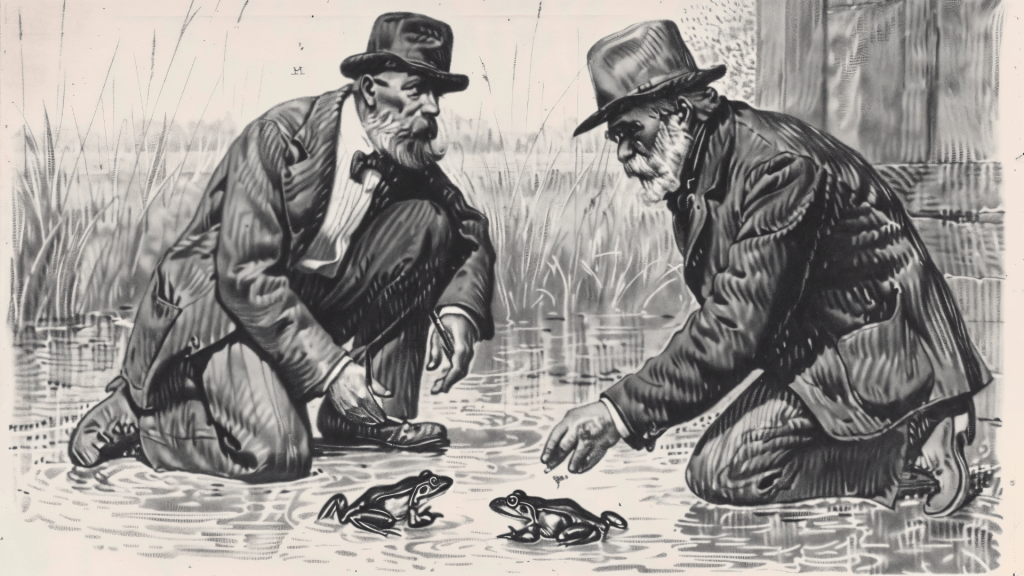 An illustration of "The Celebrated Jumping Frogs of Calaveras County," showing a lively frog competition and excited spectators in a rustic 19th-century setting. Budhiraja Official Podcast