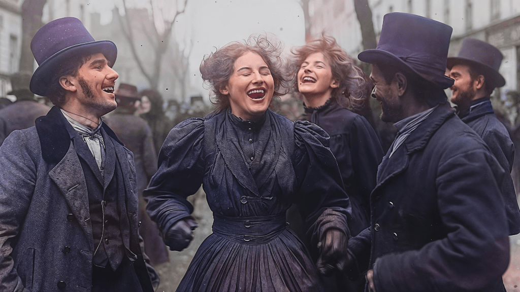 A realistic photo of Victorian-era people sharing joyful laughter in an elegant setting. Budhiraja Official Podcast