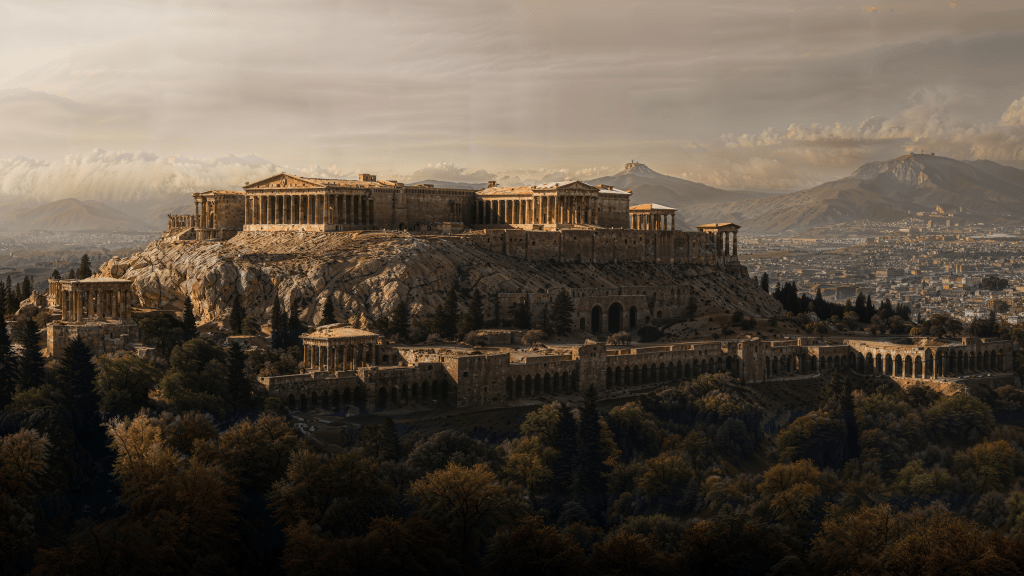 A realistic vibrant view of Athens in the 4th century BC, showcasing its architecture and bustling life. Budhiraja Official Podcast
