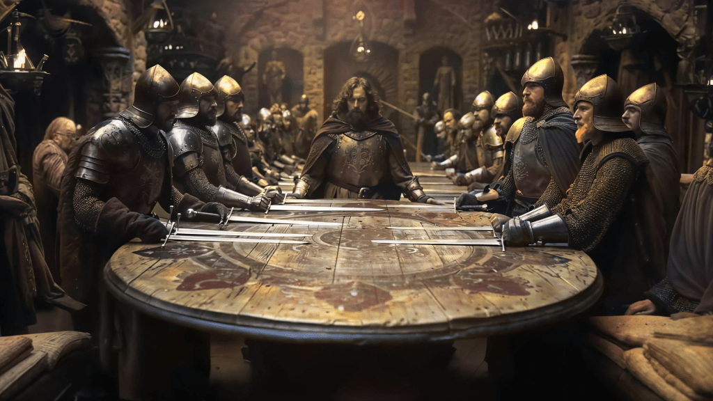 King Arthur's knights gathering at the Round Table, exuding honor and unity in a medieval setting. Budhiraja Official Podcast