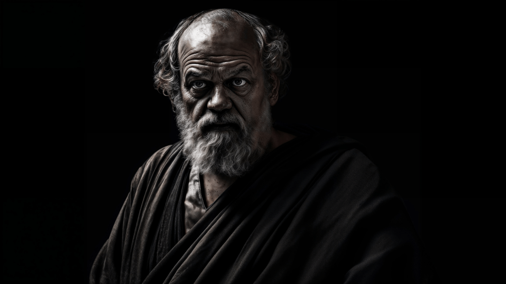 Hyperphotorealistic scene of Socrates at his trial, speaking passionately before a tense Athenian jury. Budhiraja Podcast Official.