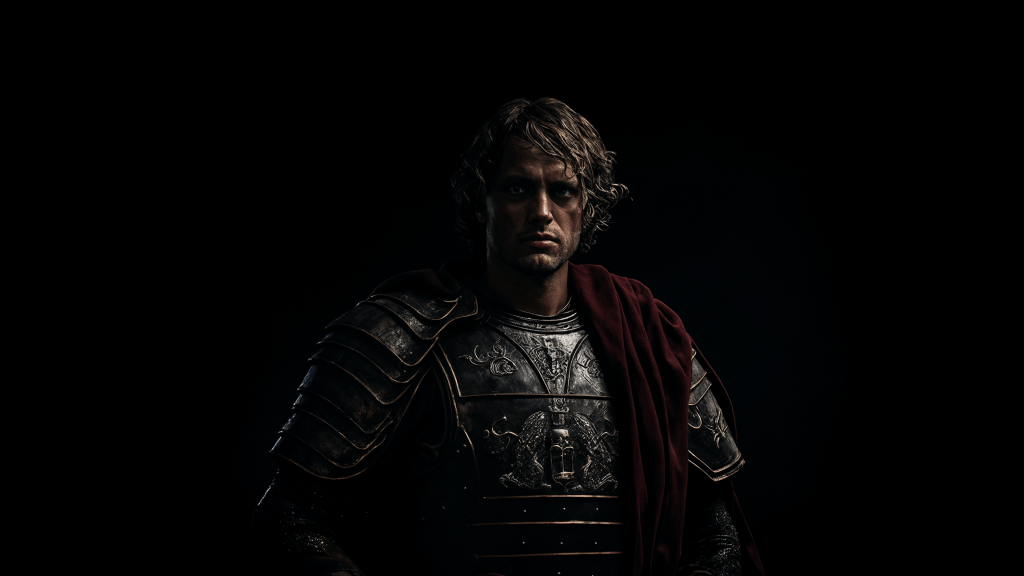 A hyper-realistic portrait of Alexander the Great, exuding power and determination. Budhiraja Official Podcast